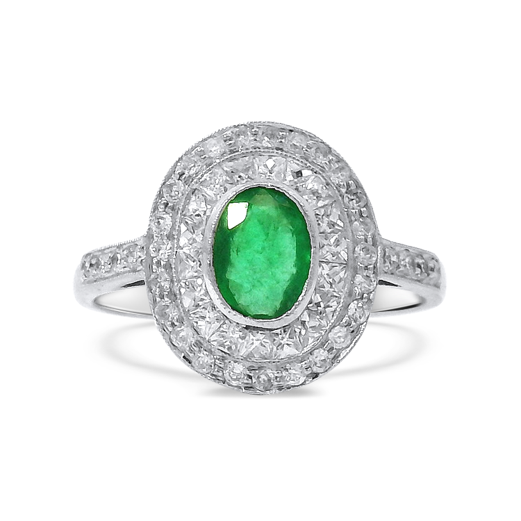 PAGE Estate Ring Estate 18K White Gold 1930s Emerald and Diamond Double Halo Ring 7