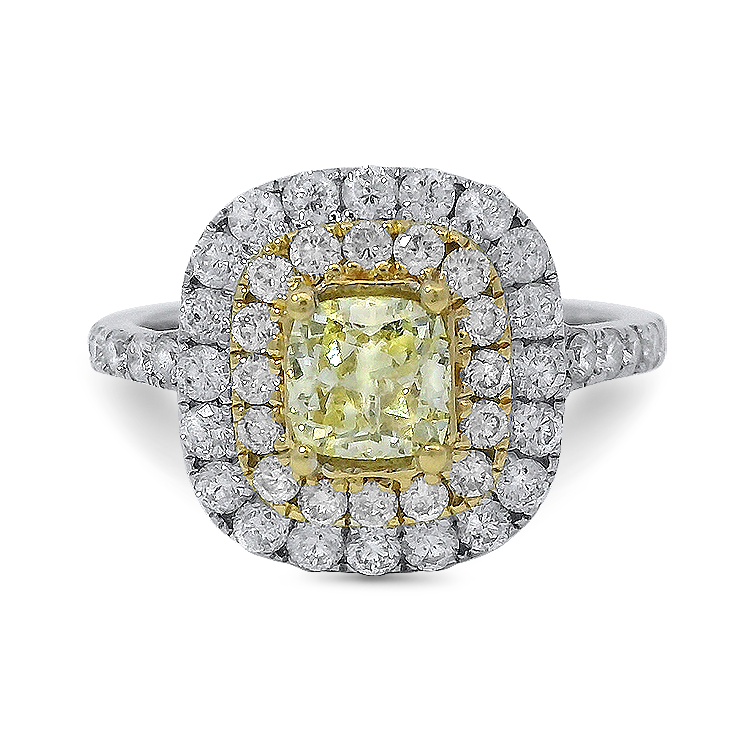 PAGE Estate Ring Estate 18K White Gold Cushion Cut Diamond Double Halo Ring 5.25