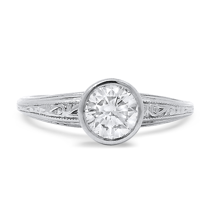 PAGE Estate Engagement Ring Estate 18K White Gold Diamond Bezel Scroll Engagement Ring, 1.01cts