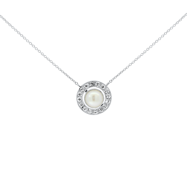 PAGE Estate Necklaces and Pendants Estate 18k White Gold Half Pearl and Diamond Halo Necklace