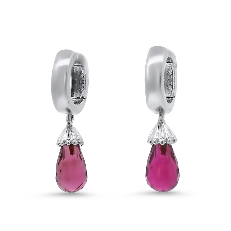 PAGE Estate Earrings Estate 18k White Gold Pink Tourmaline Briolette Drop Huggie Earrings