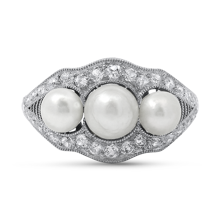 PAGE Estate Ring Estate 18K White Gold Retro Era Pearl & Diamond Ring 7