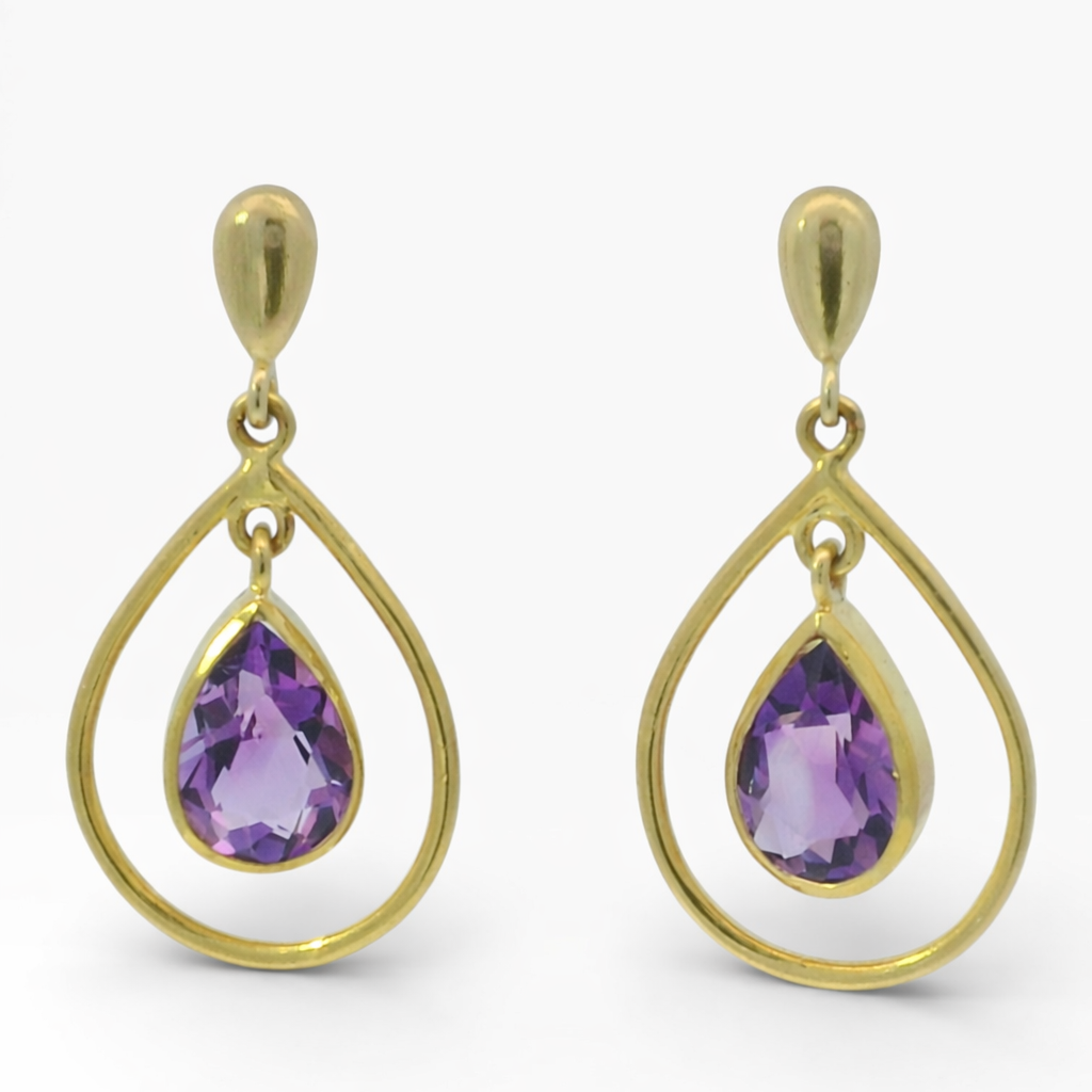PAGE Estate Earring Estate 18K Yellow Gold Amethyst Pear Shaped Drop Earrings