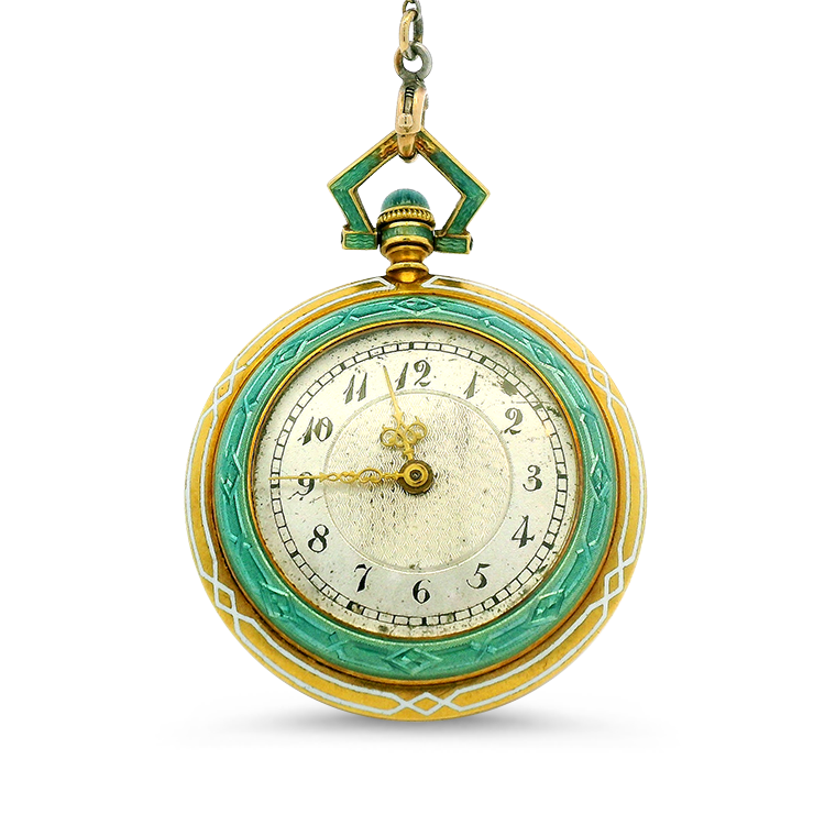 PAGE Estate Necklaces and Pendants Estate 18k Yellow Gold Art Nouveau Pocket Watch with Teal Enamel Detailing