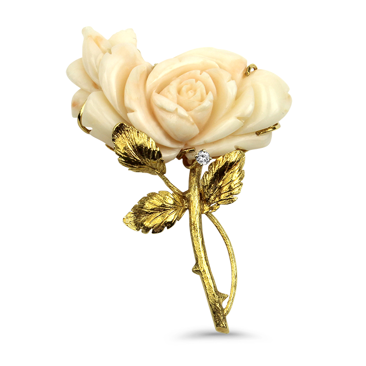 PAGE Estate Pins & Brooches Estate 18K Yellow Gold Carved Coral Rose Brooch