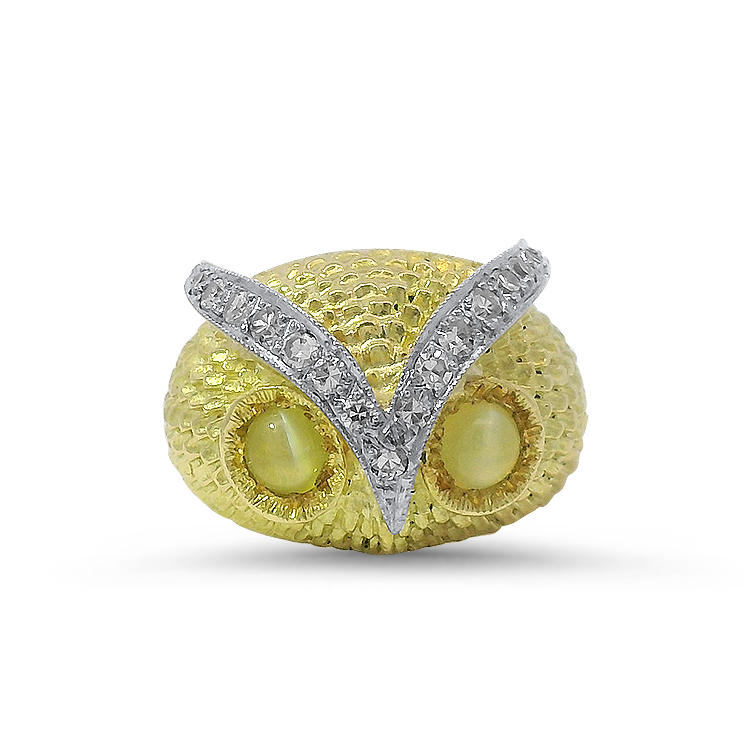 PAGE Estate Ring Estate 18K Yellow Gold Cat's Eye Chrysoberyl & Diamond Owl Ring 4.75