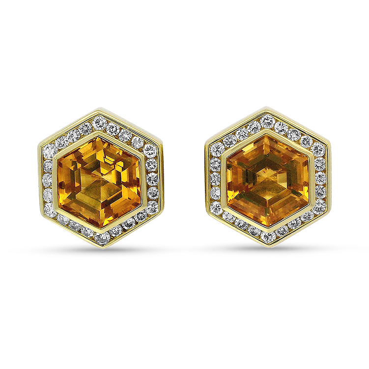 PAGE Estate Earrings Estate 18K Yellow Gold Citrine & Diamond Hexagon Stud Earrings
