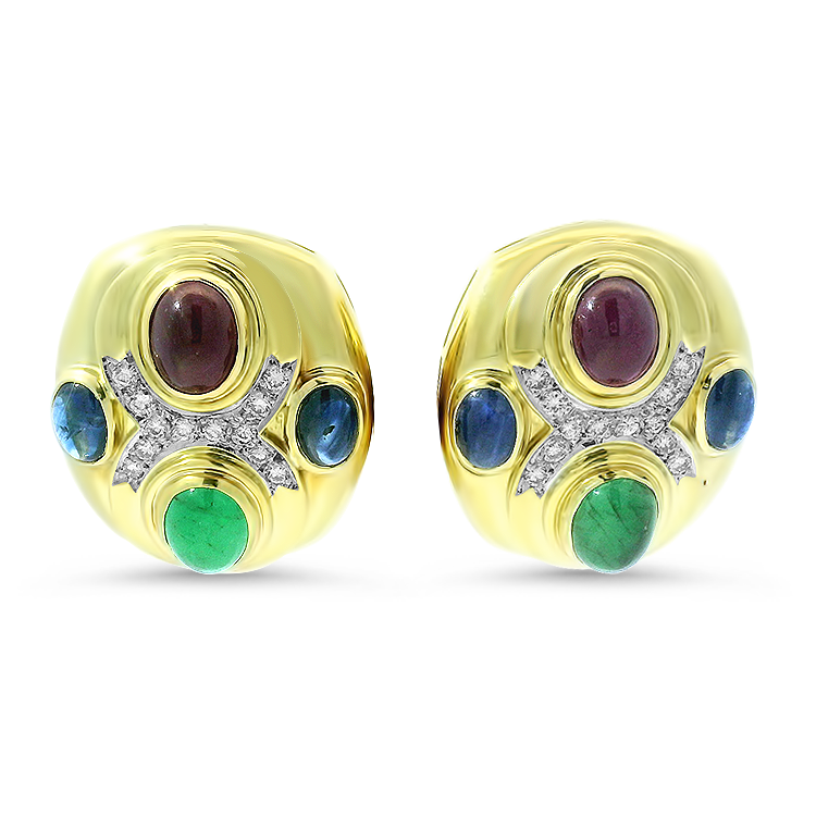 PAGE Estate Earrings Estate 18K Yellow Gold Diamond Multicolor Gemstone Earrings