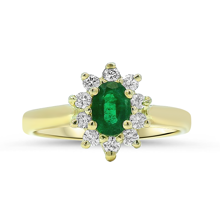 PAGE Estate Ring Estate 18K Yellow Gold Emerald and Diamond Halo Ring