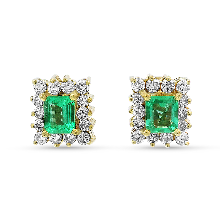 PAGE Estate Earring Estate 18K Yellow Gold Emerald & Diamond Halo Stud Earrings