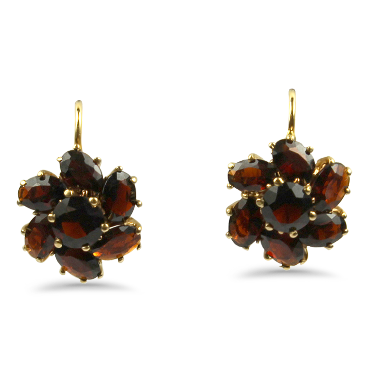 PAGE Estate Earrings Estate 18k Yellow Gold Floral Garnet Drop Earrings