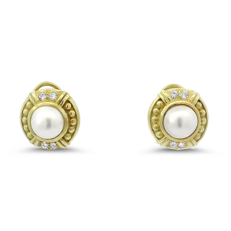PAGE Estate Earrings Estate 18k Yellow Gold Mabe Pearl and Diamond Earrings