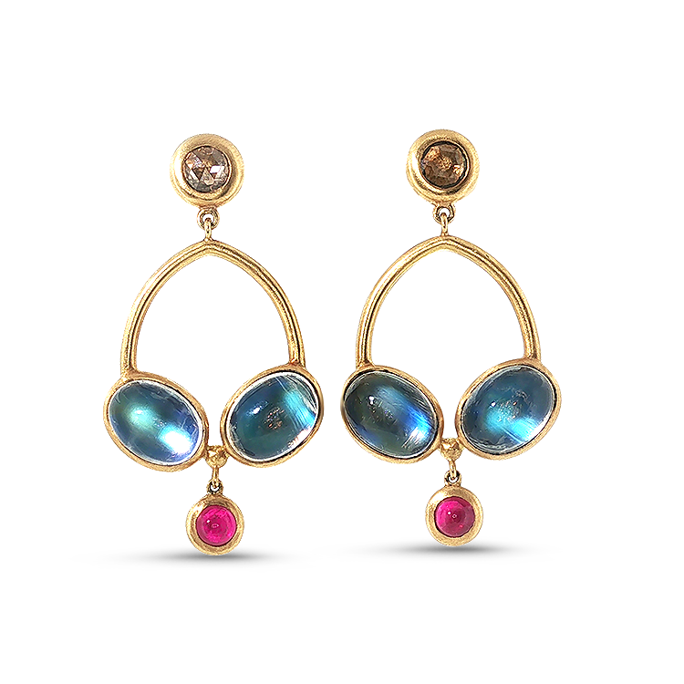 PAGE Estate Earrings Estate 18K Yellow Gold Moonstone Ruby Diamond Dangle Earrings
