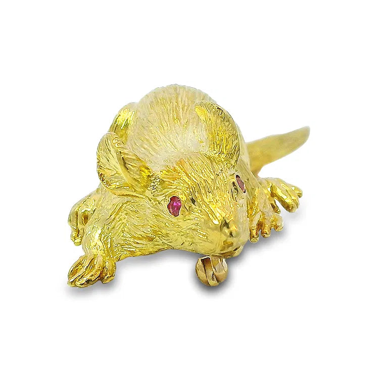 PAGE Estate Pins & Brooches Estate 18K Yellow Gold Mouse Pin with Ruby Eyes