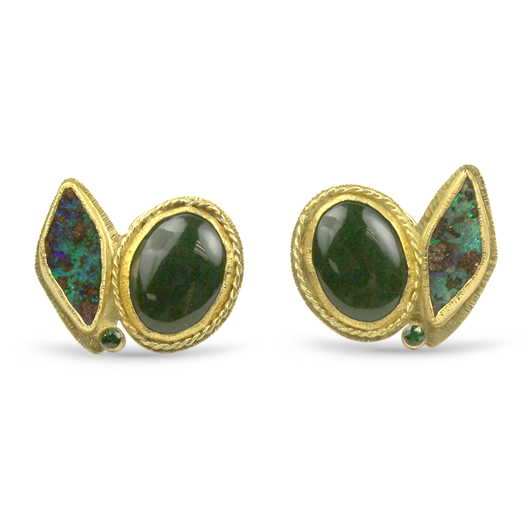 PAGE Estate Earring Estate 18k Yellow Gold Nephrite Jade & Boulder Opal Earrings