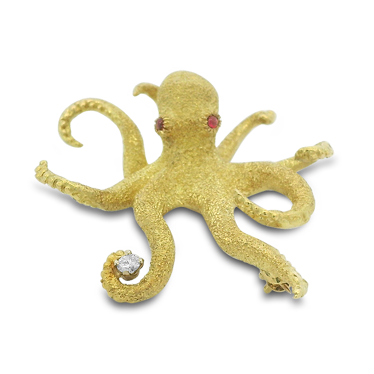 PAGE Estate Estate Jewelry Under 1k Estate 18k Yellow Gold Octopus Pin with Diamond & Ruby Accents