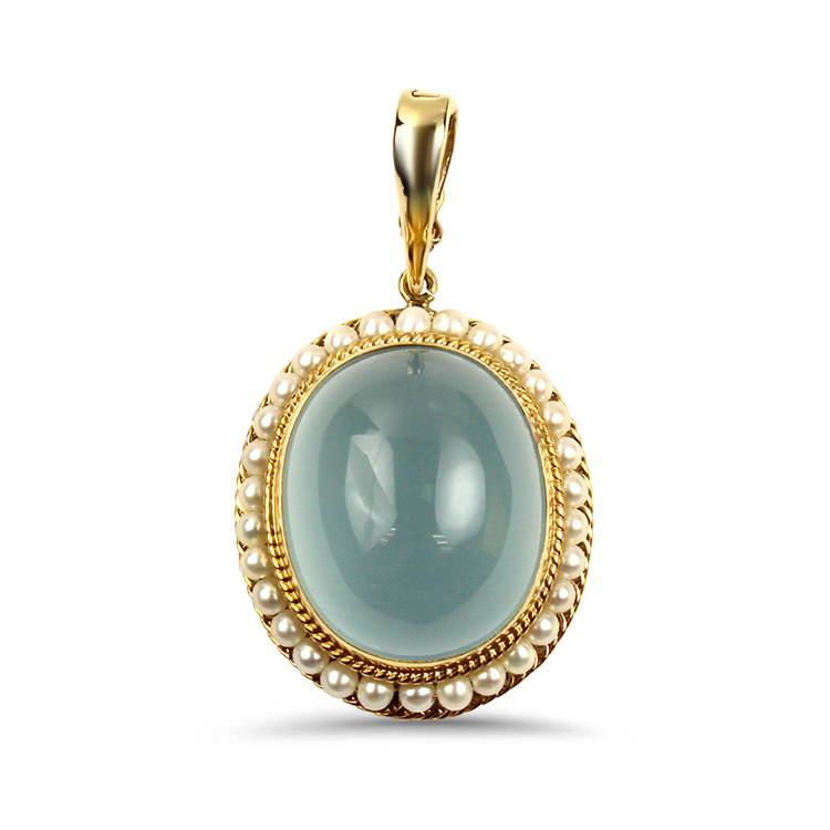 PAGE Estate Necklaces and Pendants Estate 18k Yellow Gold Oval Aquamarine Cabochon & Pearl Pendant