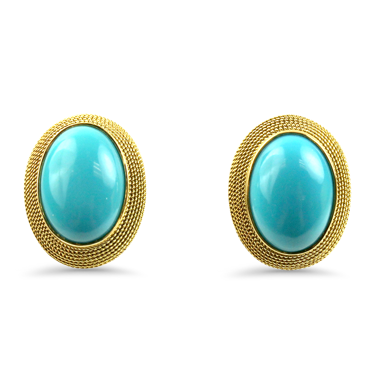 PAGE Estate Earring Estate 18k Yellow Gold Oval Turquoise Cabochon Earrings
