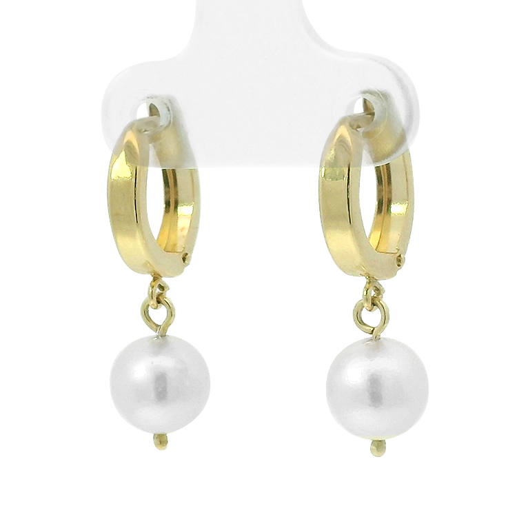 PAGE Estate Earrings Estate 18K Yellow Gold Pearl Dangle Huggie Earrings