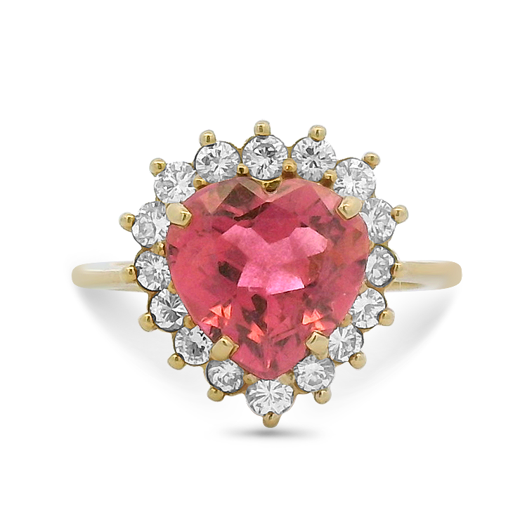 PAGE Estate Ring Estate 18k Yellow Gold Pink Heart-Shaped Tourmaline & Diamond Halo Ring 6.75