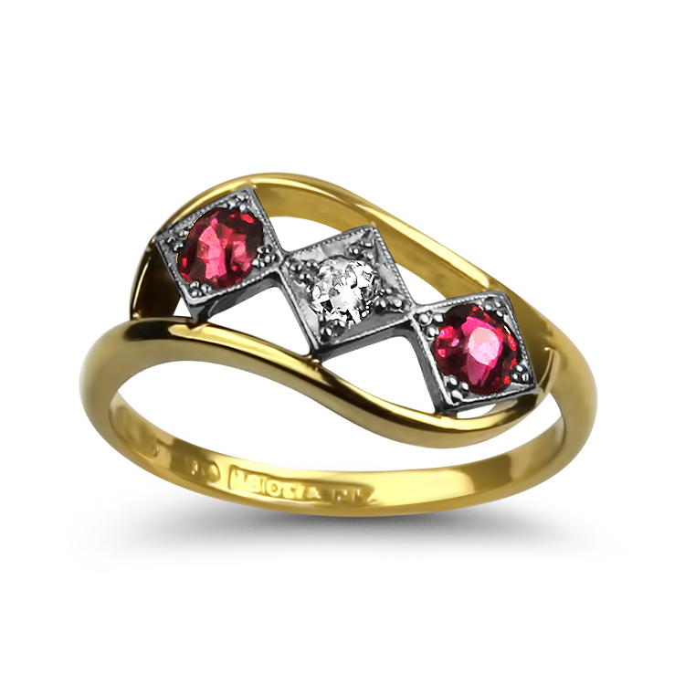 PAGE Estate Engagement Ring Estate 18k Yellow Gold & Platinum Antique Diamond & Ruby Ring 4.5