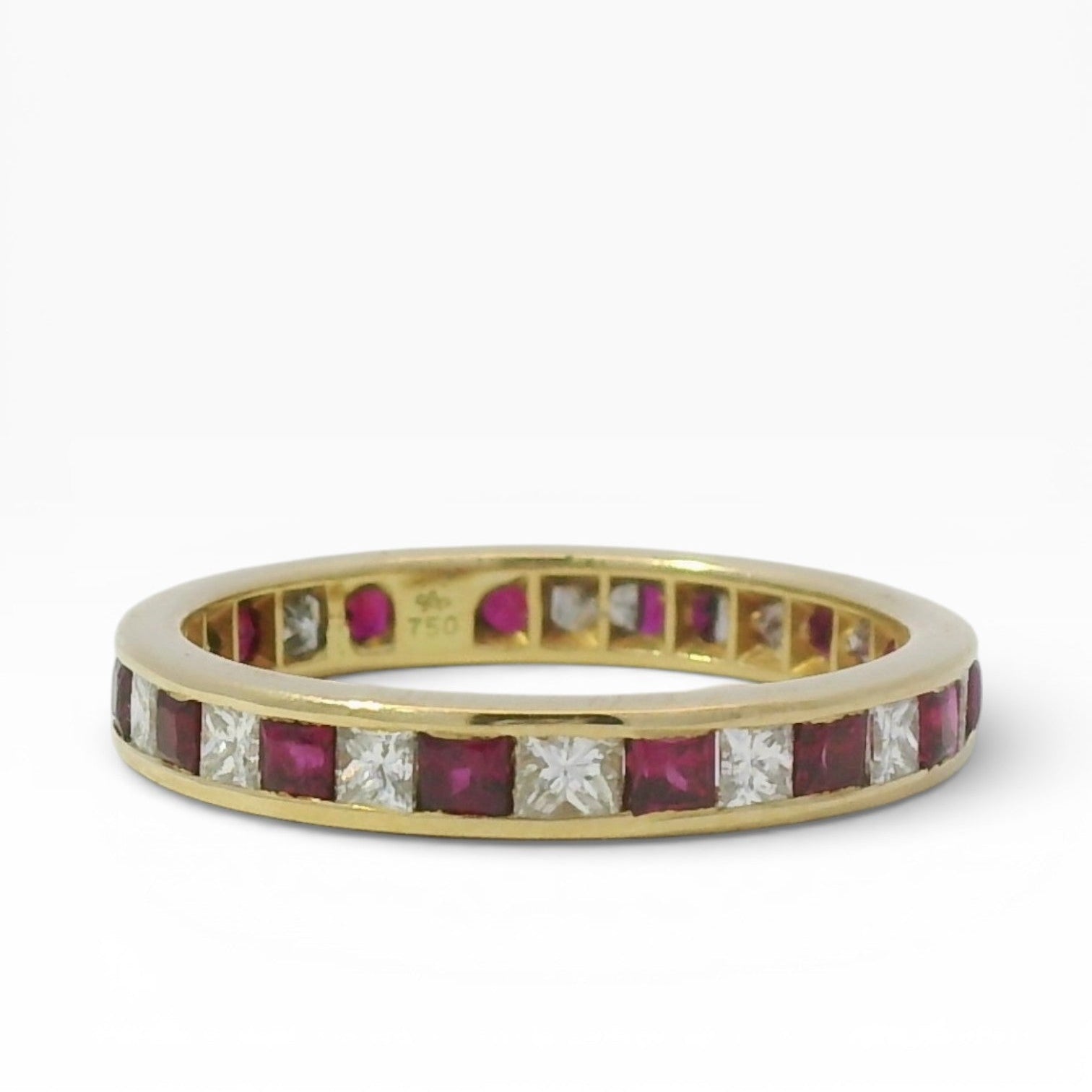 PAGE Estate Ring Estate 18K Yellow Gold Princess-Cut Diamond & Ruby Eternity Band 5.75