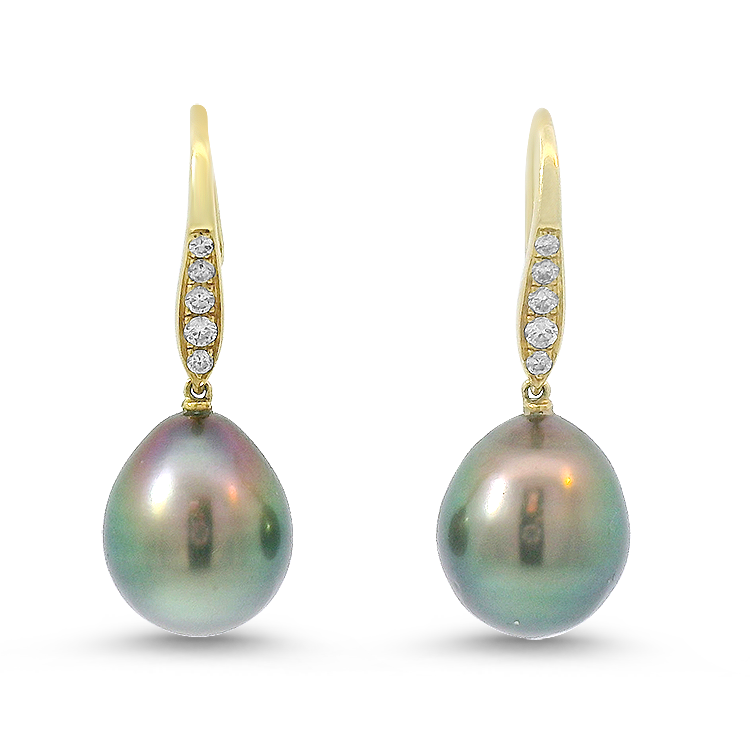 PAGE Estate Earrings Estate 18K Yellow Gold Tahitian Pearl & Diamond Drop Earrings