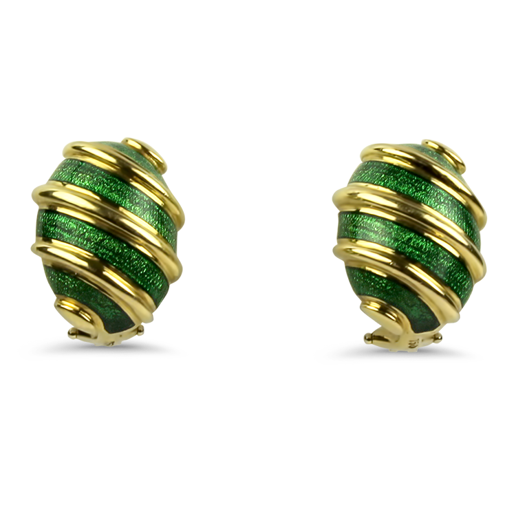 PAGE Estate Earring Estate 18K Yellow Gold Tiffany & Co. Jean Schlumberger Green Enamel Earrings