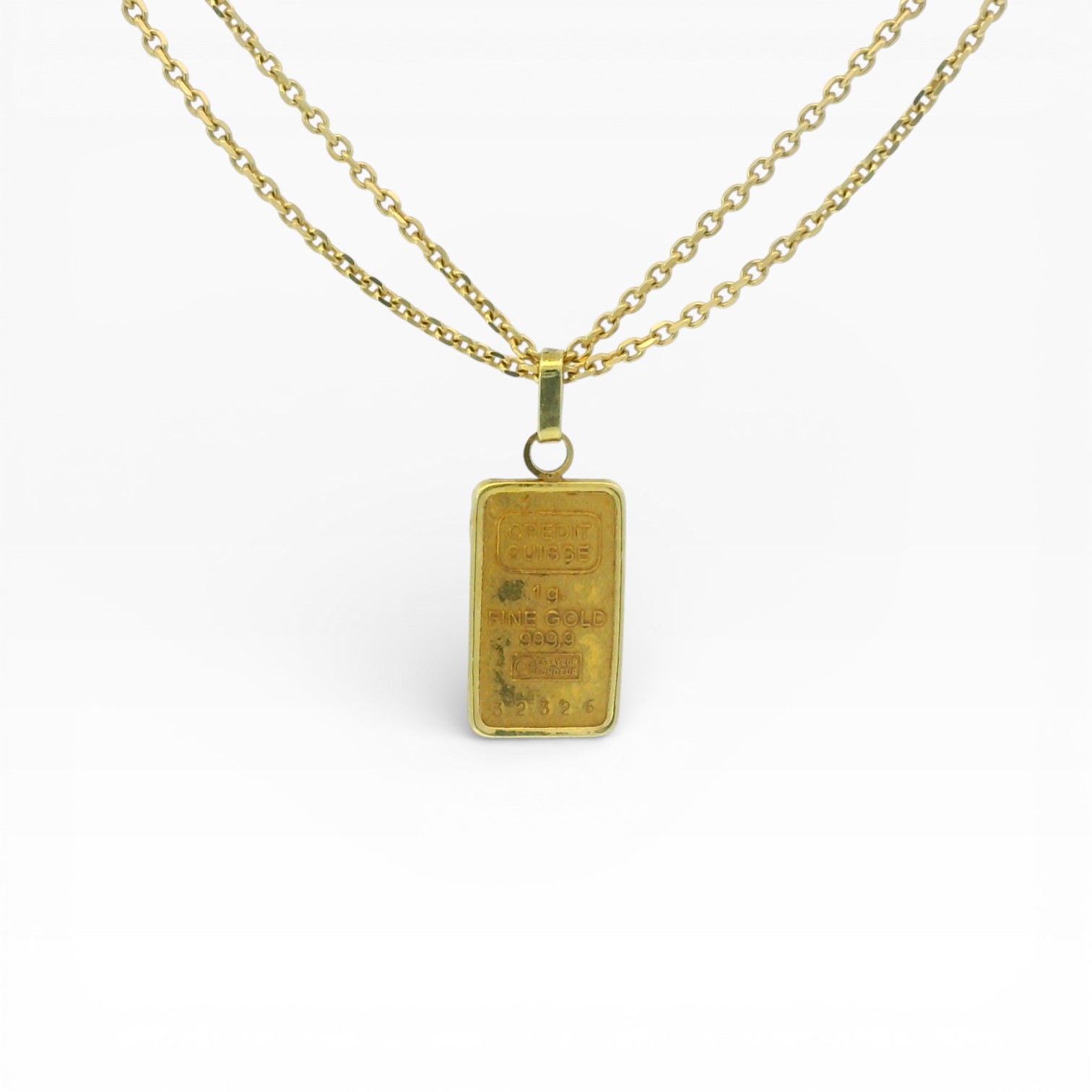 PAGE Estate Necklaces and Pendants Estate 24K Credit Suisse 1 Gram Gold Bar Pendant in 14K Frame
