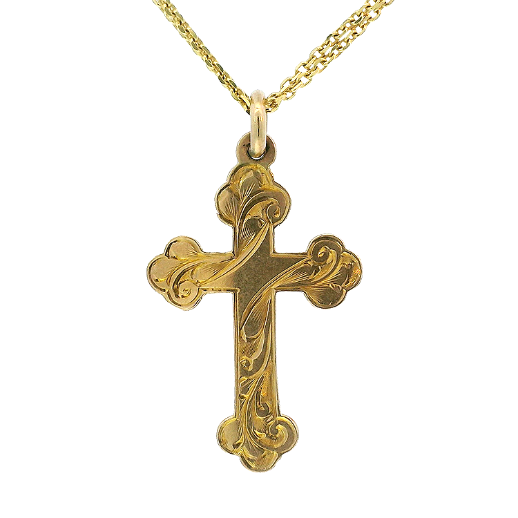 PAGE Estate Necklaces and Pendants Estate 9K Yellow Gold Edwardian Engraved Cross Pendant