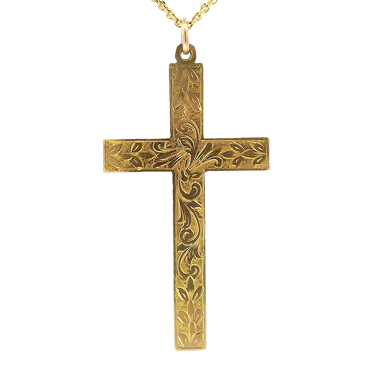 PAGE Estate Necklaces and Pendants Estate 9K Yellow Gold Edwardian Engraved Cross Pendant