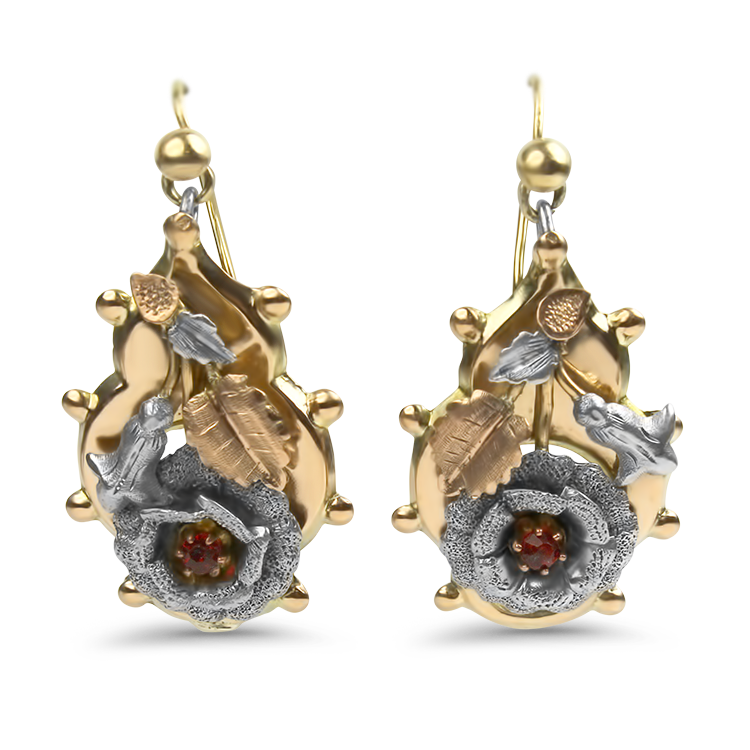 PAGE Estate Earring Estate 9K Yellow/Rose Gold & Sterling Silver Glass Floral Earrings