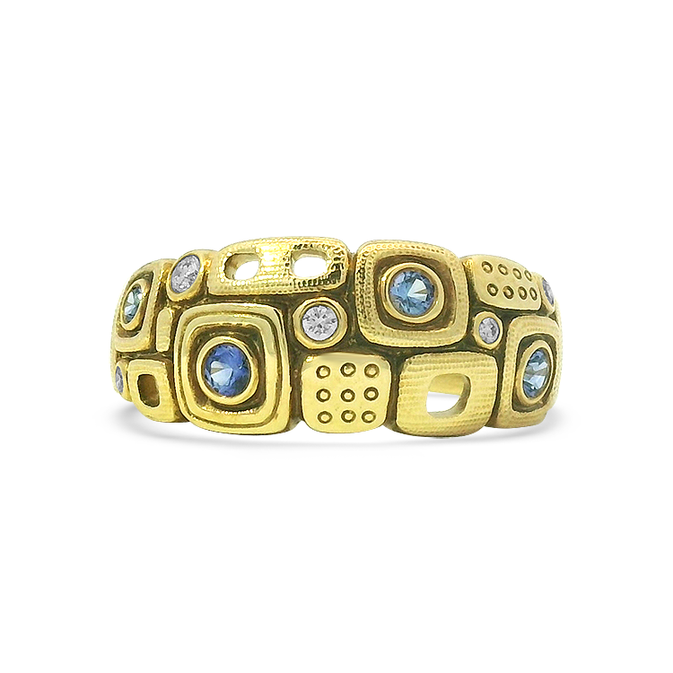 PAGE Estate Ring Estate Alex Sepkus Little Windows 18K Yellow Gold Sapphire & Diamond Band