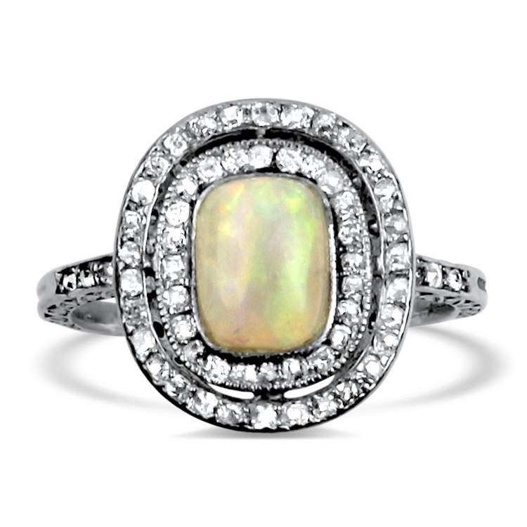 PAGE Estate Ring Estate Antique Platinum Opal & Diamond Ring 7.5