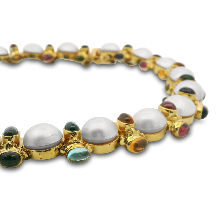 PAGE Estate Necklaces and Pendants Estate David Stern 14k Yellow Gold Multi-Stone Mabe Pearl Collar Necklace