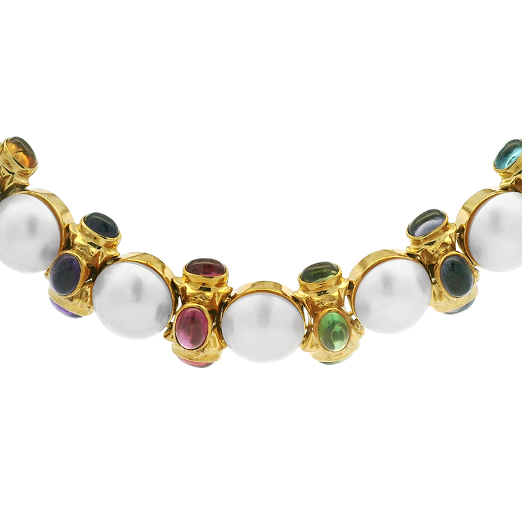 PAGE Estate Necklaces and Pendants Estate David Stern 14k Yellow Gold Multi-Stone Mabe Pearl Collar Necklace