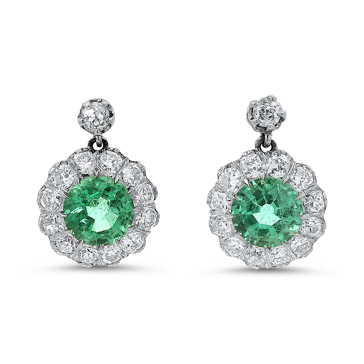 PAGE Estate Earrings Estate Platinum and 14K Yellow Gold Emerald & Diamond Drop Earrings