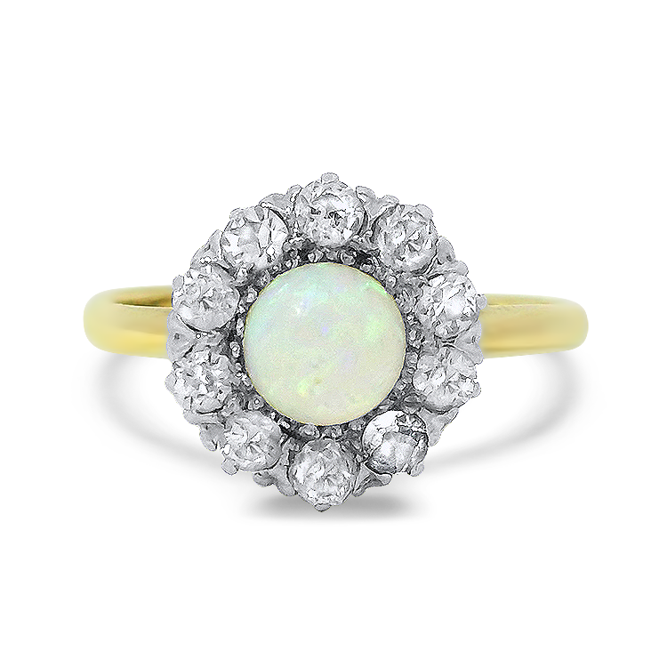 PAGE Estate Ring Estate Platinum and 14K Yellow Gold Opal and Diamond Halo Ring