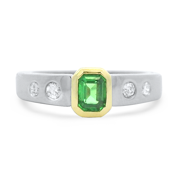PAGE Estate Ring Estate Platinum and 18K Yellow Gold Bezel-Set Tsavorite and Diamond Ring 7.25