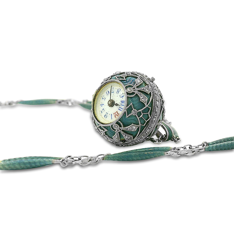 PAGE Estate Necklaces and Pendants Estate Platinum and 18K Yellow Gold Edwardian Enamel and Diamond Watch Necklace