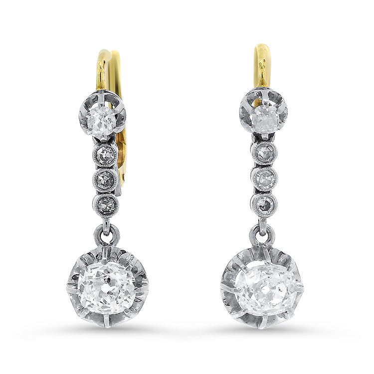PAGE Estate Earrings Estate Platinum and 18K Yellow Gold Edwardian French Diamond Drop Earrings