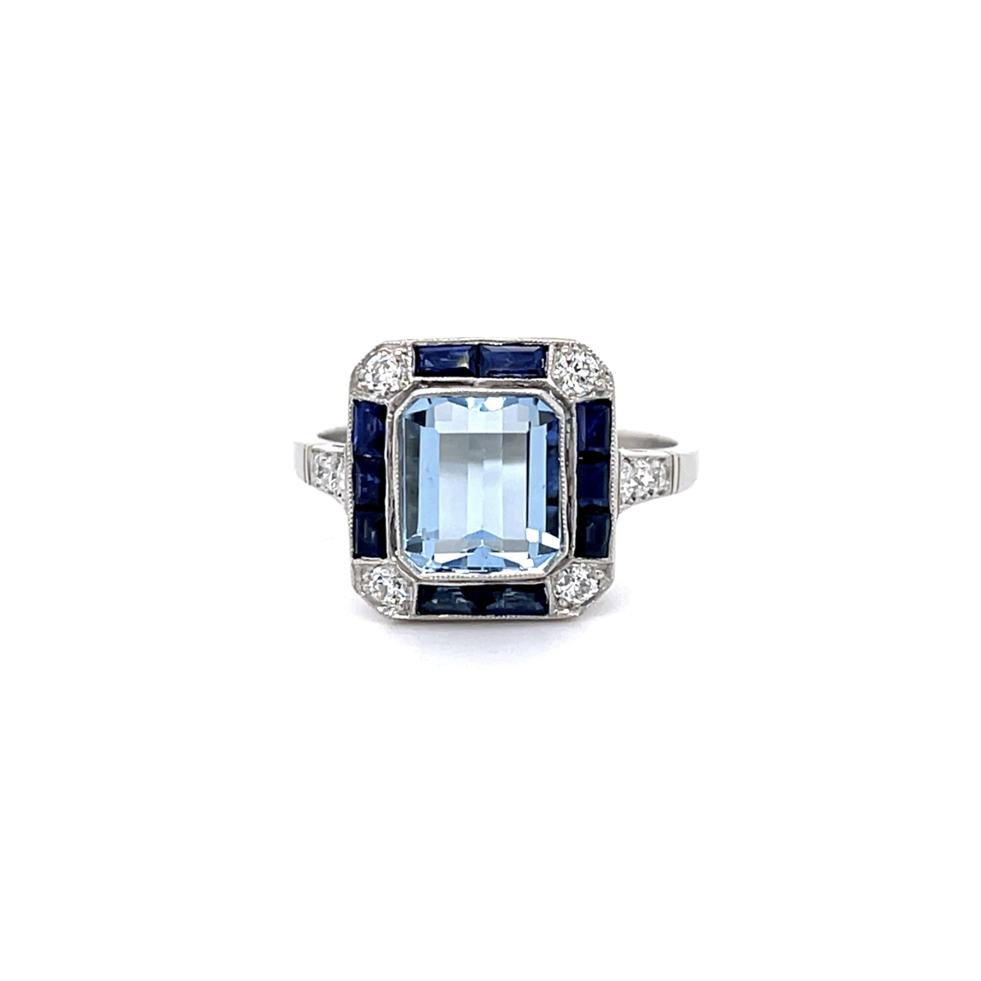 PAGE Estate Ring Estate Platinum Aquamarine, Sapphire & Diamond Ring 7.25