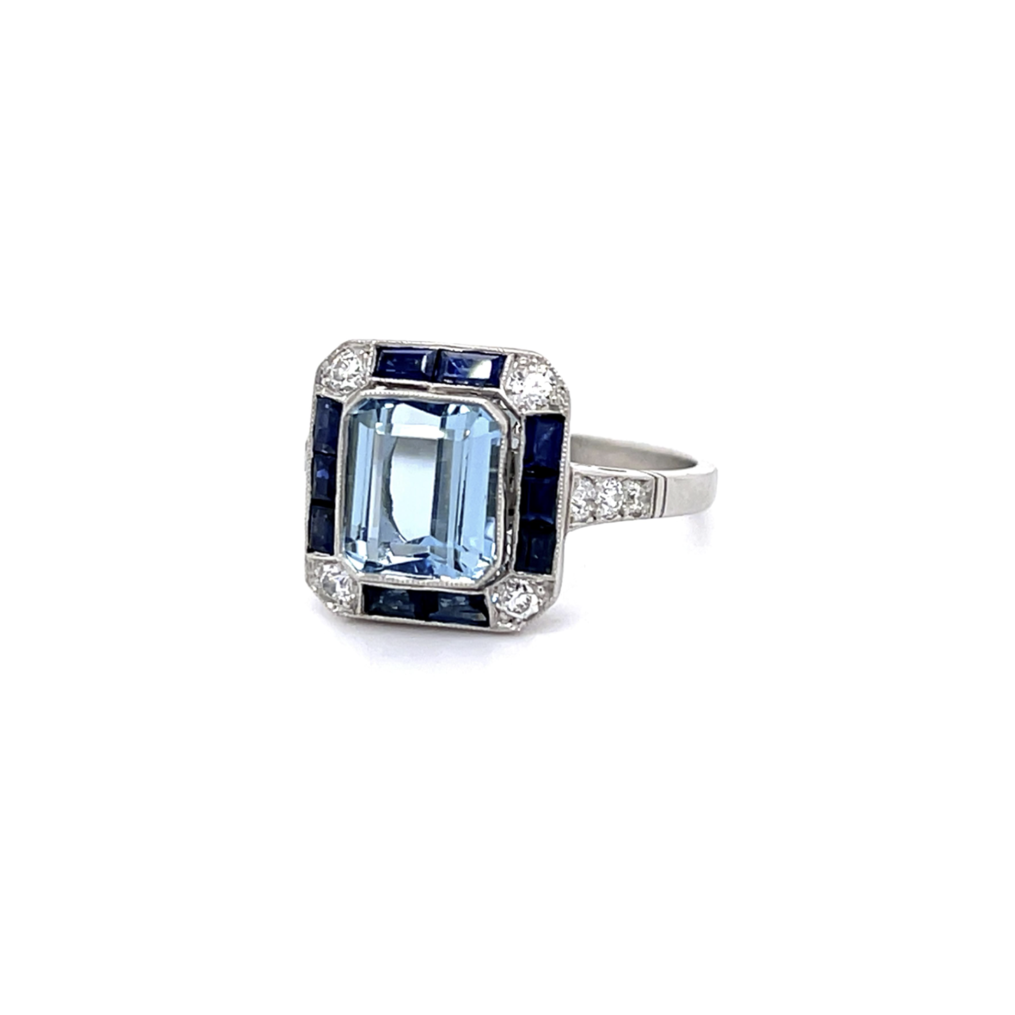 PAGE Estate Ring Estate Platinum Aquamarine, Sapphire & Diamond Ring 7.25