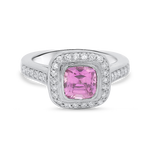 PAGE Estate Ring Estate Platinum Cushion-Cut Pink Sapphire Diamond Halo Ring 4.75