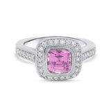 PAGE Estate Ring Estate Platinum Cushion-Cut Pink Sapphire Diamond Halo Ring 4.75
