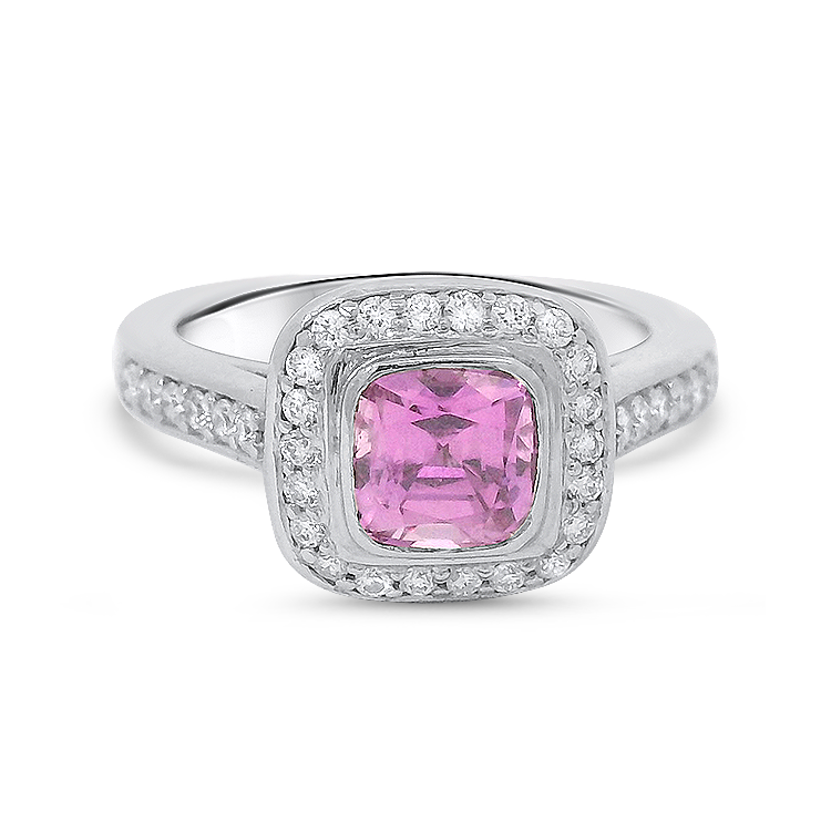 PAGE Estate Ring Estate Platinum Cushion-Cut Pink Sapphire Diamond Halo Ring 4.75
