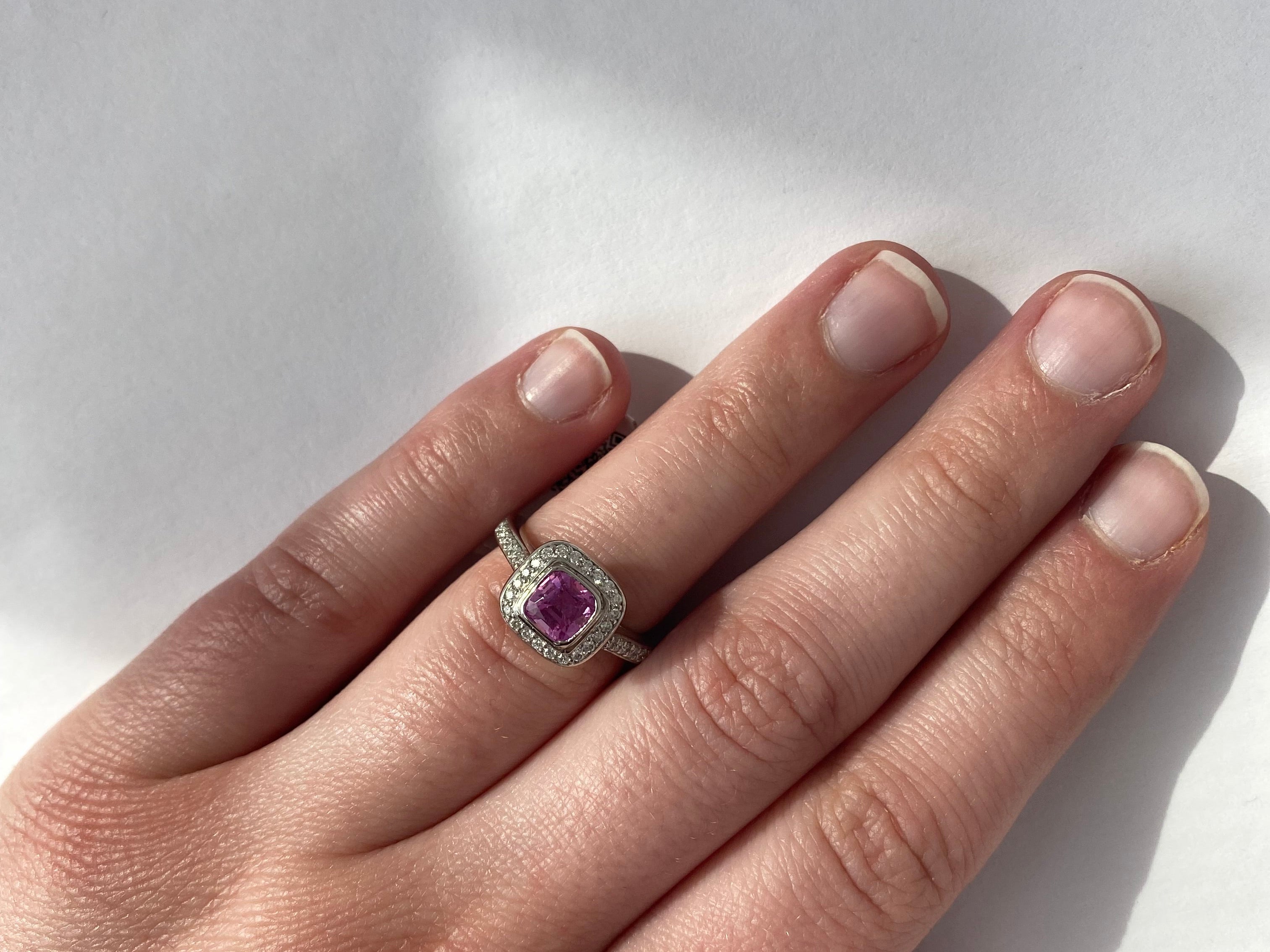 PAGE Estate Ring Estate Platinum Cushion-Cut Pink Sapphire Diamond Halo Ring 4.75