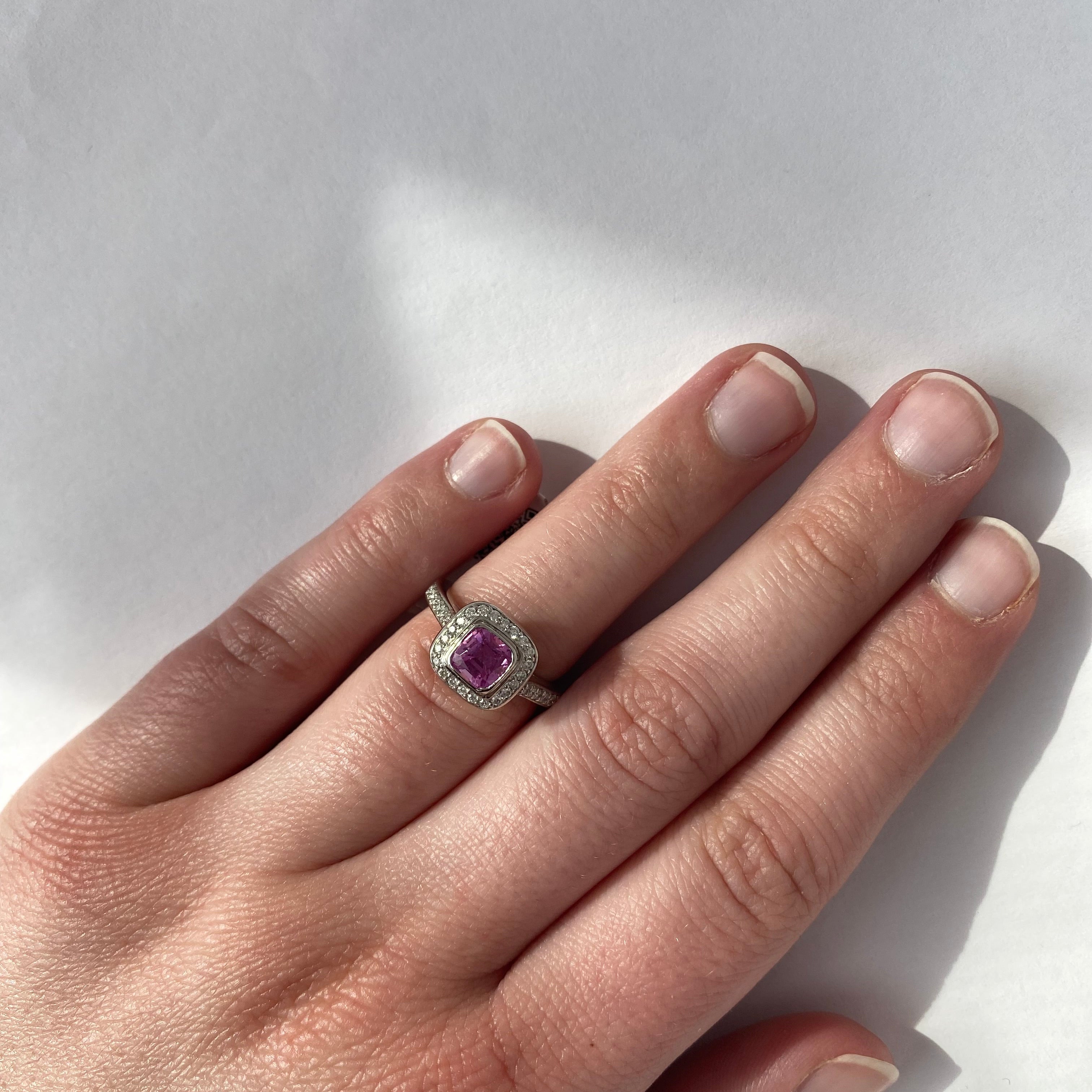 PAGE Estate Ring Estate Platinum Cushion-Cut Pink Sapphire Diamond Halo Ring 4.75