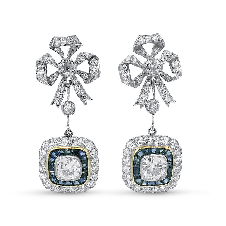 PAGE Estate Earrings Estate Platinum Diamond and French-Cut Sapphire Bow Drop Earrings