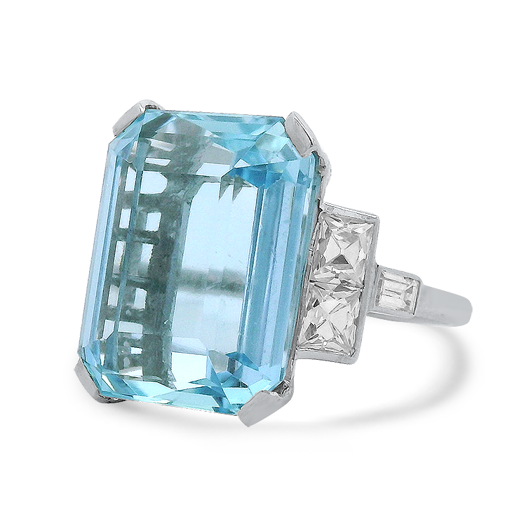 PAGE Estate Ring Estate Platinum Emerald-Cut Aquamarine & Diamond Ring 5.5